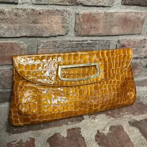 Vintage Abas Orange “Croc” Embossed Frame Leather Clutch Bag Purse